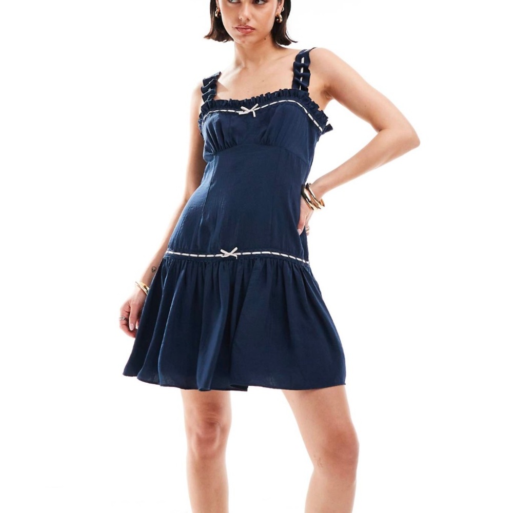 Navy and white cotton babydoll dress with white bow detailing NWT